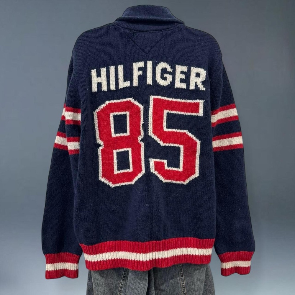 Tommy Hilfiger Varsity Knit Cardigan Sweater L Shawl Collar 85 Logo Preppy